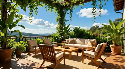 Obraz premium Outdoor wood patio with furniture under pergola. Green plants grow in pots on terrace deck. Sunny day sky above rolling hills view. Comfortable sofa armchair set provides relaxation area for guests
