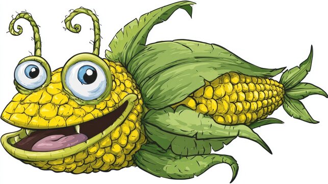 Cartoon corn creature with big eyes and smiling expression illustration