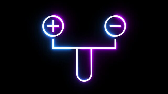 Neon glowing electronic switch symbol video footage with flickering blue and purple light.