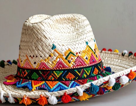 Colorful woven straw hat adorned with geometric patterns, tassels, and pom-poms