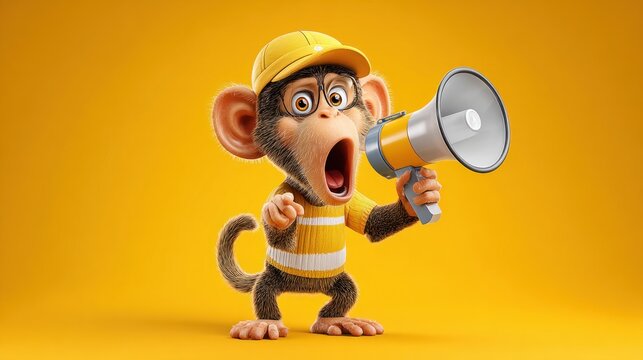 Cartoon monkey shouting into megaphone against yellow background