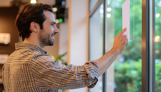 Man pointing outside through a large window.