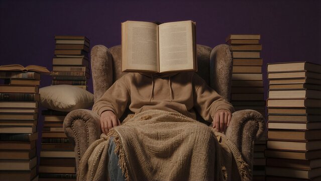 Person reads book in armchair, surrounded by towering stacks of books.