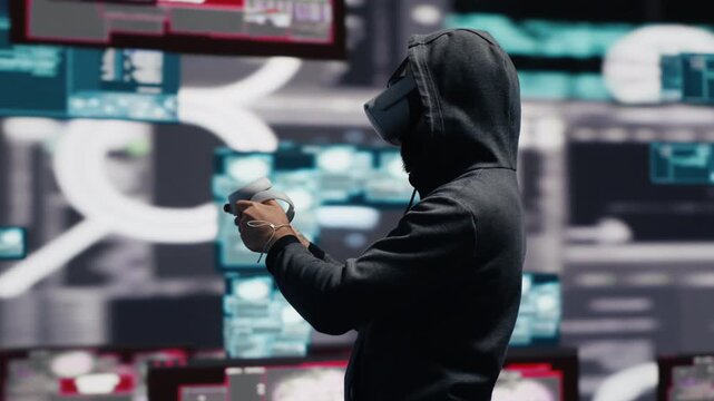 VR hacker attempts password cracking and system corruption while threat alerts expose digital intrusion, cyber intelligence and technology driven theft.