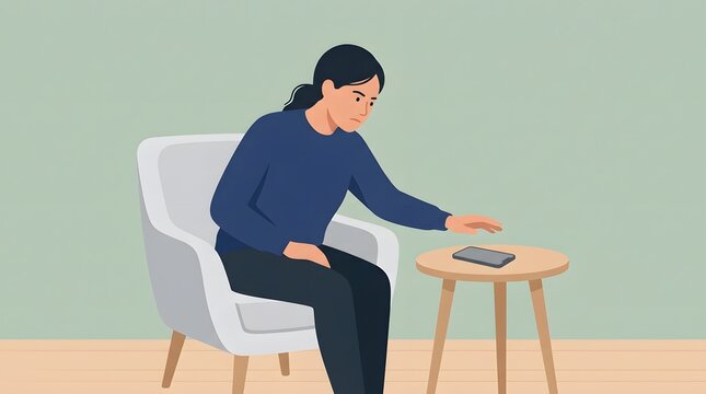 Sad Woman Reaching for Phone: A solitary woman with dark hair tied back sits in a comfortable armchair, her hand reaching hesitantly towards a smartphone resting on a small, round side table.