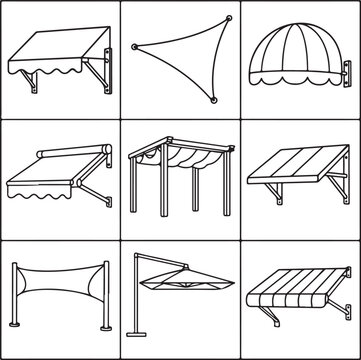 A collection of architectural line art icons displays various types of outdoor awnings and.