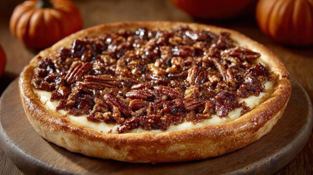 Delicious pecan pie dessert on wooden plate with pumpkins background