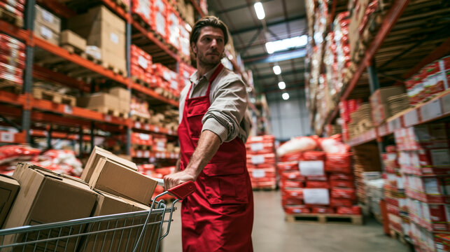 Warehouse employee in red apron using shopping cart among pallets and shelves for inventory logistics and delivery operations