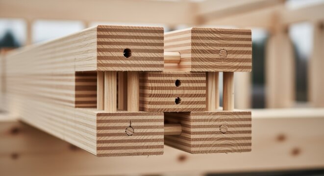 Detailed shot of a unique interlocking timber dowel joinery in cross laminated beams focusing on joint stability and design aesthetics.