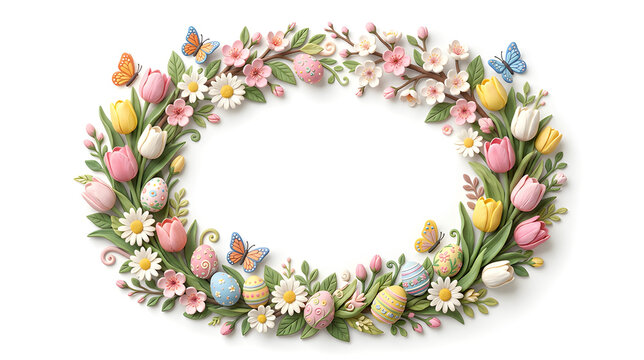 Elegant oval Easter floral frame with tulips, daisies, cherry blossoms, decorated Easter eggs, butterflies and delicate spring leaves, premium soft 3D clay illustration, large empty center space 