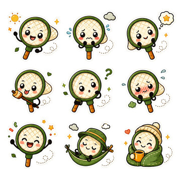 Bug Net Kawaii Reaction Sticker Icon Set with Cute Cartoon Insect Catching Emoji Expressions Collection