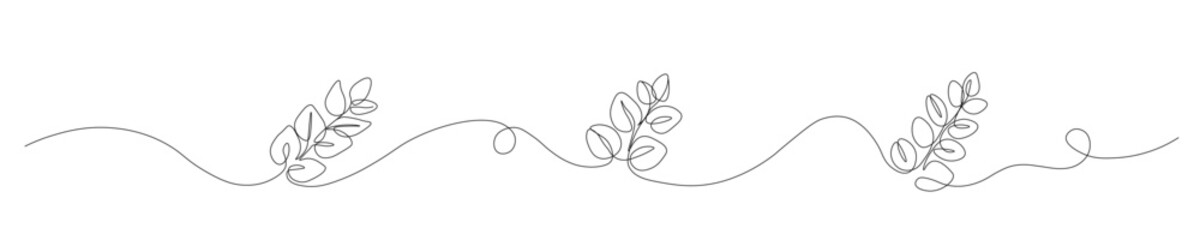 A single continuous line art illustration of eucalyptus branches and leaves along a flowing horizontal wave, set on a white background. © โยธิน ทุมจีน