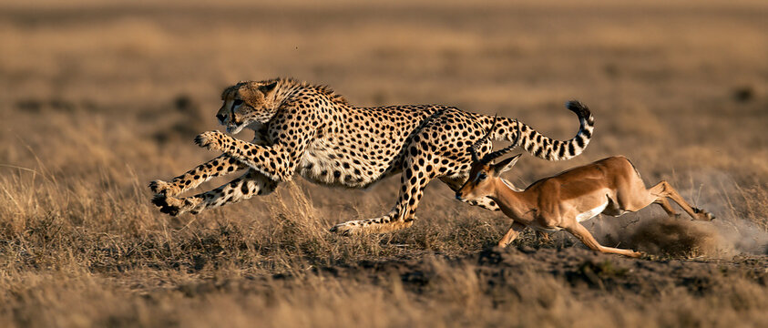 Cheetah chasing antelope in African savanna grasslands, predator vs prey wildlife action running nature photography