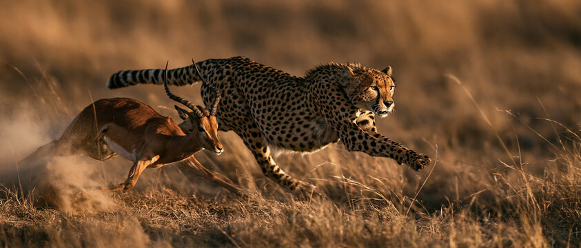 Cheetah chasing antelope in dramatic savanna grassland at sunset, predator versus prey wildlife action