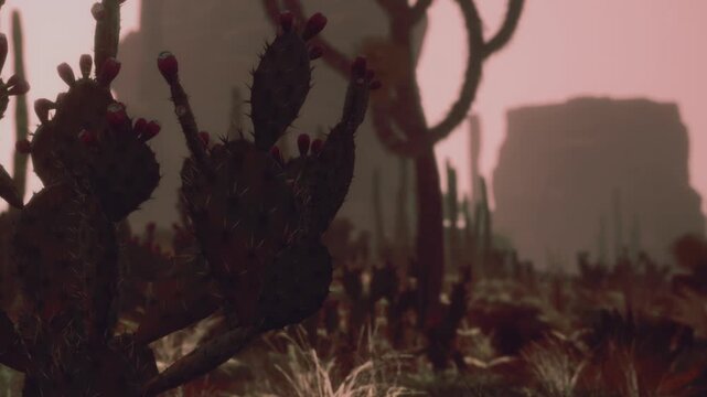 A cactus stands in the foreground with spines and fruit. In the background, there are rock formations. The sky shows a pink hue as the sun sets over the desert landscape.