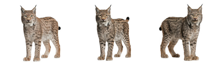 Set of wild lynx or bobcats standing isolated on transparent background for wildlife design and PNG stock library assets. © charline