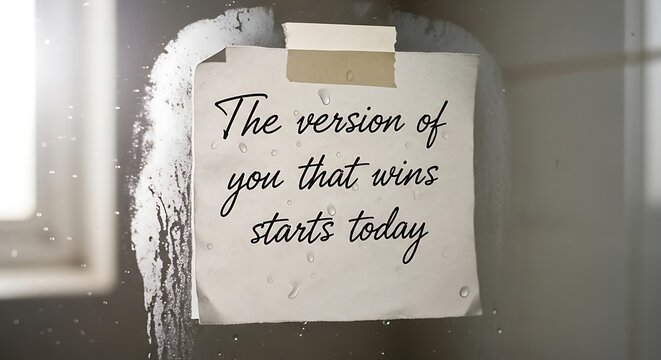 A handwritten motivational quote on a piece of paper taped to a wall. The quote reads The version of you that wins starts today.