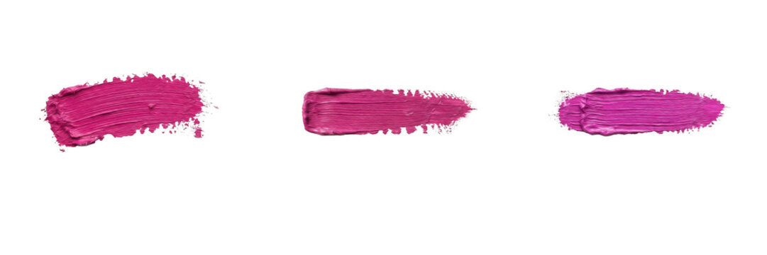 Set of bright pink lipstick or cosmetic makeup smudges isolated on transparent background for beauty design and PNG stock library assets.