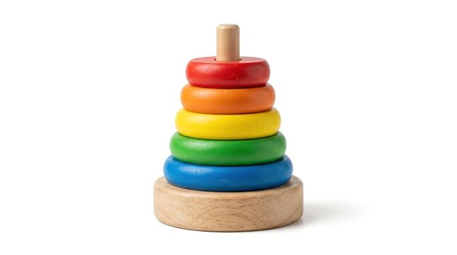 Colorful wooden ring stacking toy with rainbow rings and natural wooden base