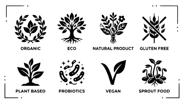 Organic and eco-friendly food certification icons set. Minimalist black and white line art symbols for natural, vegan, and gluten-free products.