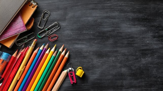 School supplies on blackboard with colorful stationery, notebooks, pencils, backpack and learning essentials for back to school education, classroom preparation, student study, teacher resources and a