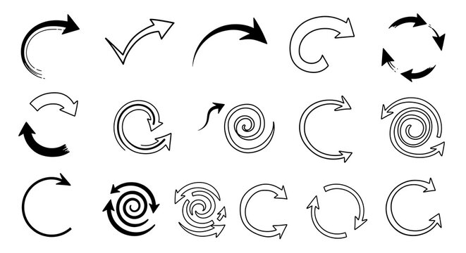 Set of hand-drawn circular and spiral arrow icons with circular, reloading