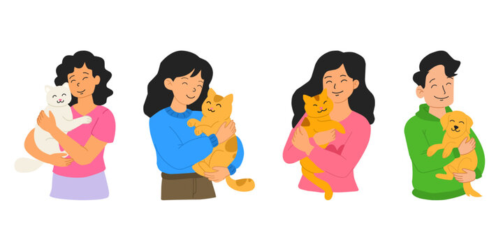 A collection of heartwarming character illustrations featuring people hugging and cuddling their beloved pets, including cat and dog.