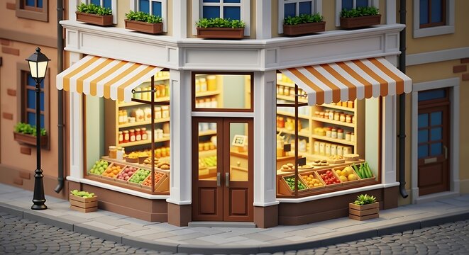 Small scale model of a corner grocery store with miniature building business