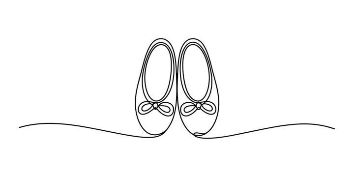 Continuous single line drawing of a pair of ballet shoes with bows for female dancers isolated on a clean white background for minimalist art and design Vector, illustration