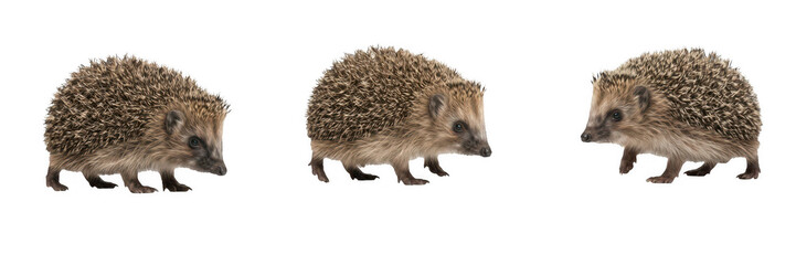 Set of cute spiky hedgehogs walking and foraging isolated on transparent background for wildlife education, woodland animal design, and PNG stock library assets. © charline