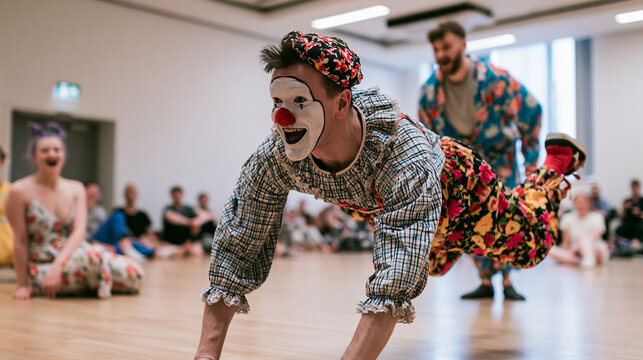 Colorful clown dance performance with playful theater group during rehearsal on stage, music and synchronized movement