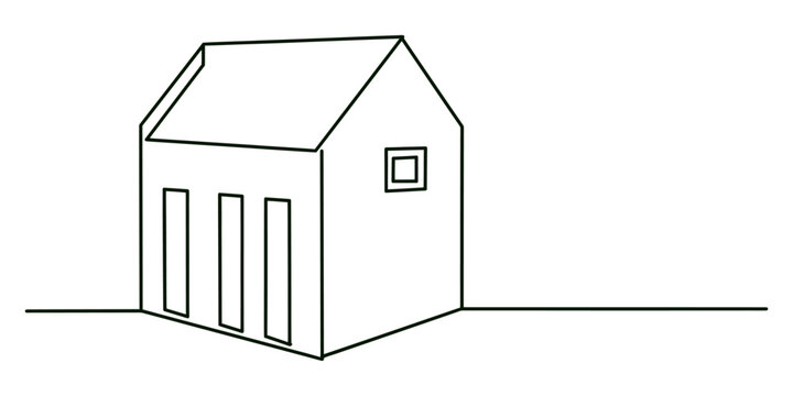 Simple black and white line drawing of a small house silhouette isolated on a white background
