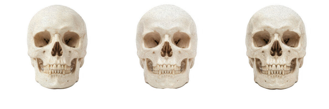 Set of human skulls with teeth and empty eye sockets isolated on transparent background for anatomy education, medical science study, and Halloween horror design PNG stock library assets.