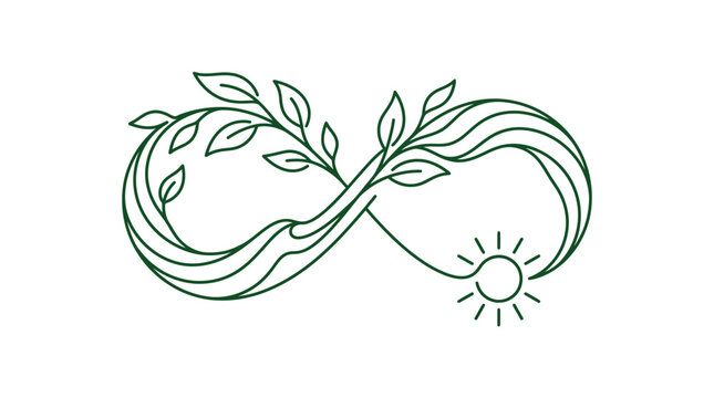 Elegant Infinity Leaf Vine Line Art with Sun Symbol, Nature and Growth Concept