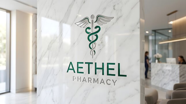 Modern Pharmacy Interior with Caduceus Symbol and Company Logo.