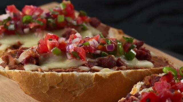 Close up of authentic Mexican food molletes with refried beans, cheese, sausage and pico de gallo