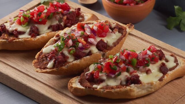 Authentic Mexican Comfort Food. Toasted Bolillo Bread with Beans, Cheese, and Spicy Salsa