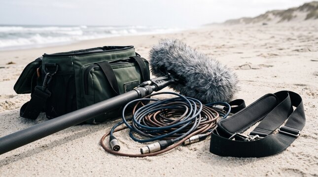 Sound recording gear including a boom pole and windjammer sitting on the beach sand for outdoor film audio production set