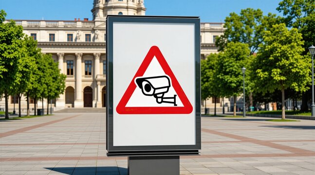 Warning sign with surveillance camera icon on outdoor advertising display in city park. Public monitor system notice stands on urban street near building. Security alert informs pedestrians about