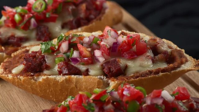 Close up view of traditional Mexican molletes snack with beans, melted cheese and pico de gallo salsa