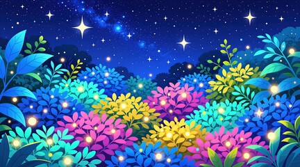 Fototapeta premium Magical garden view at night with bright colorful plants, glowing leaves. Dark sky above features sparkling stars, twinkling cosmic light. Dreamlike botanical landscape creates peaceful fantasy