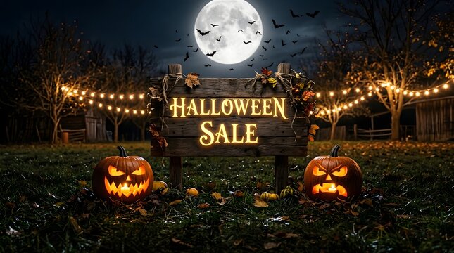 Halloween sale wooden sign with pumpkins under a full moon