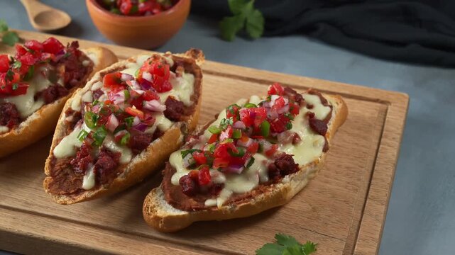 Mexican Mollete Toast with beans, melted cheese, sausage and spicy tomato salsa