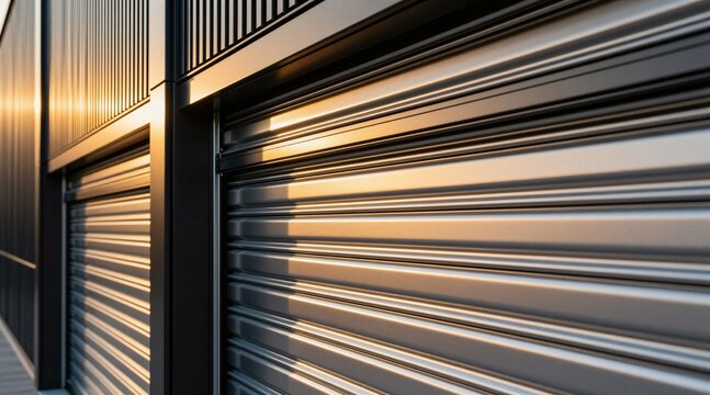 Modern motorized roller shutter doors in metallic grey. Sun shines on the facade creating striped shadows. Security gate detail on building exterior wall at sunrise.