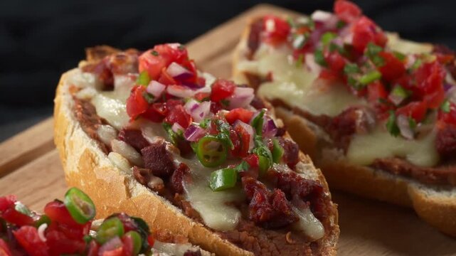 Tasty Mexican Appetizer. Molletes with Chorizo topped with Pico de Gallo