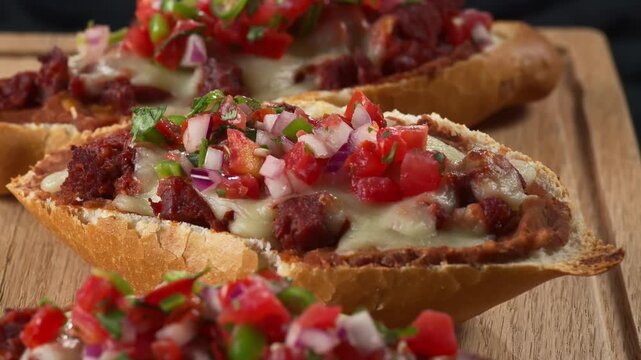 Traditional food of Mexico, molletes made with bolillo bread, refried beans, cheese and spicy salsa