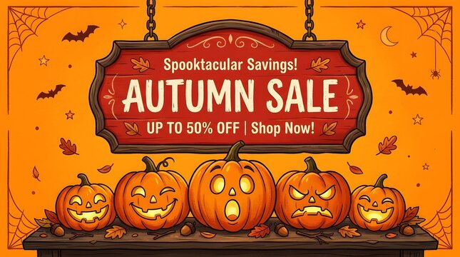 Autumn sale banner with carved pumpkins