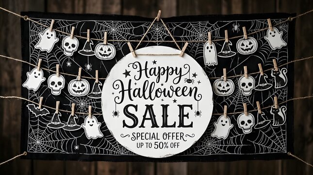 Halloween sale banner with hanging decorations on a black spiderweb background
