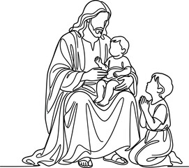 Obraz premium Jesus Christ blessing children continuous line drawing.