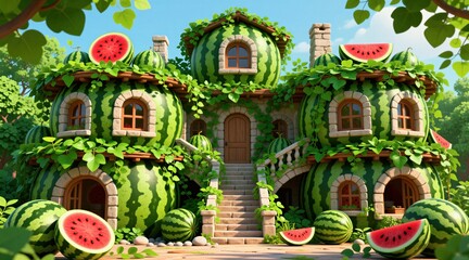 Fototapeta premium Surreal house built like large green watermelon fruit with stone stairs, wooden door. Creative cottage design surrounded by rich nature garden. Whimsical fairy tale villa architecture with windows.